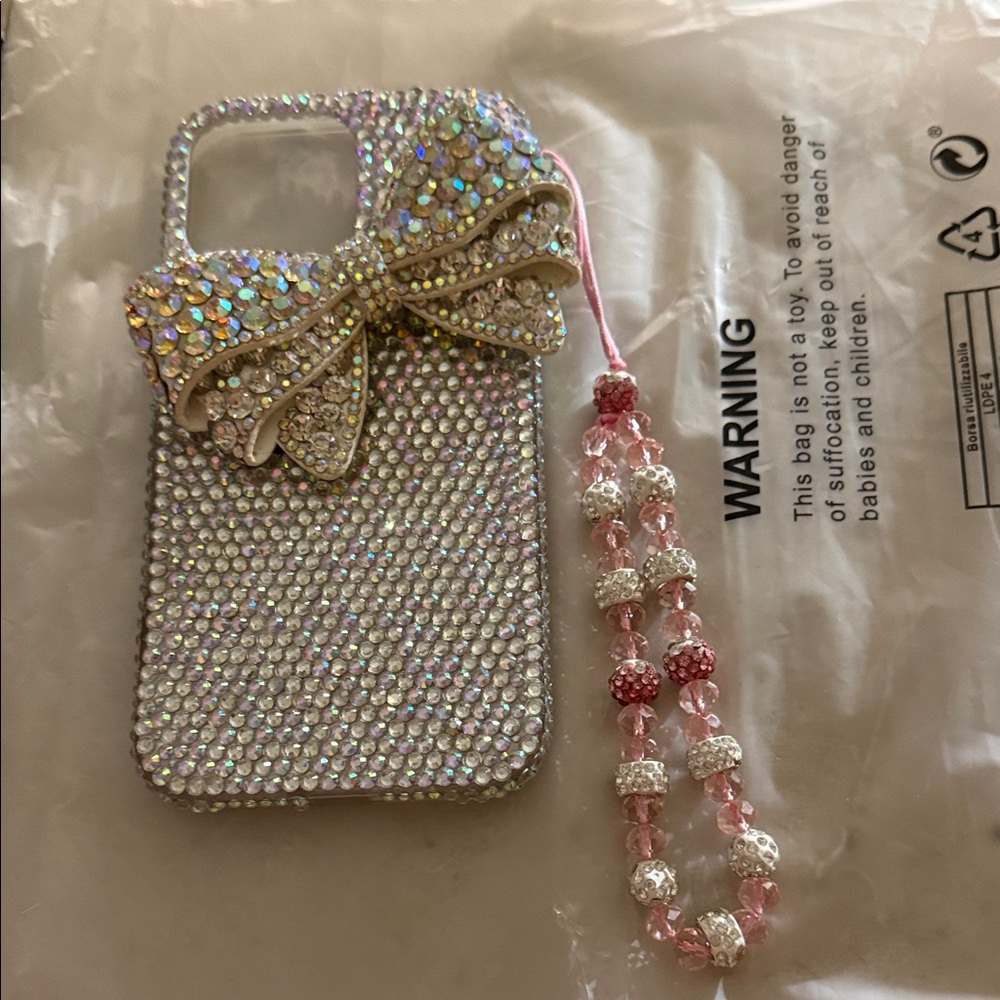 Crystal Rhinestone Phone Case with Bow and Beaded Strap